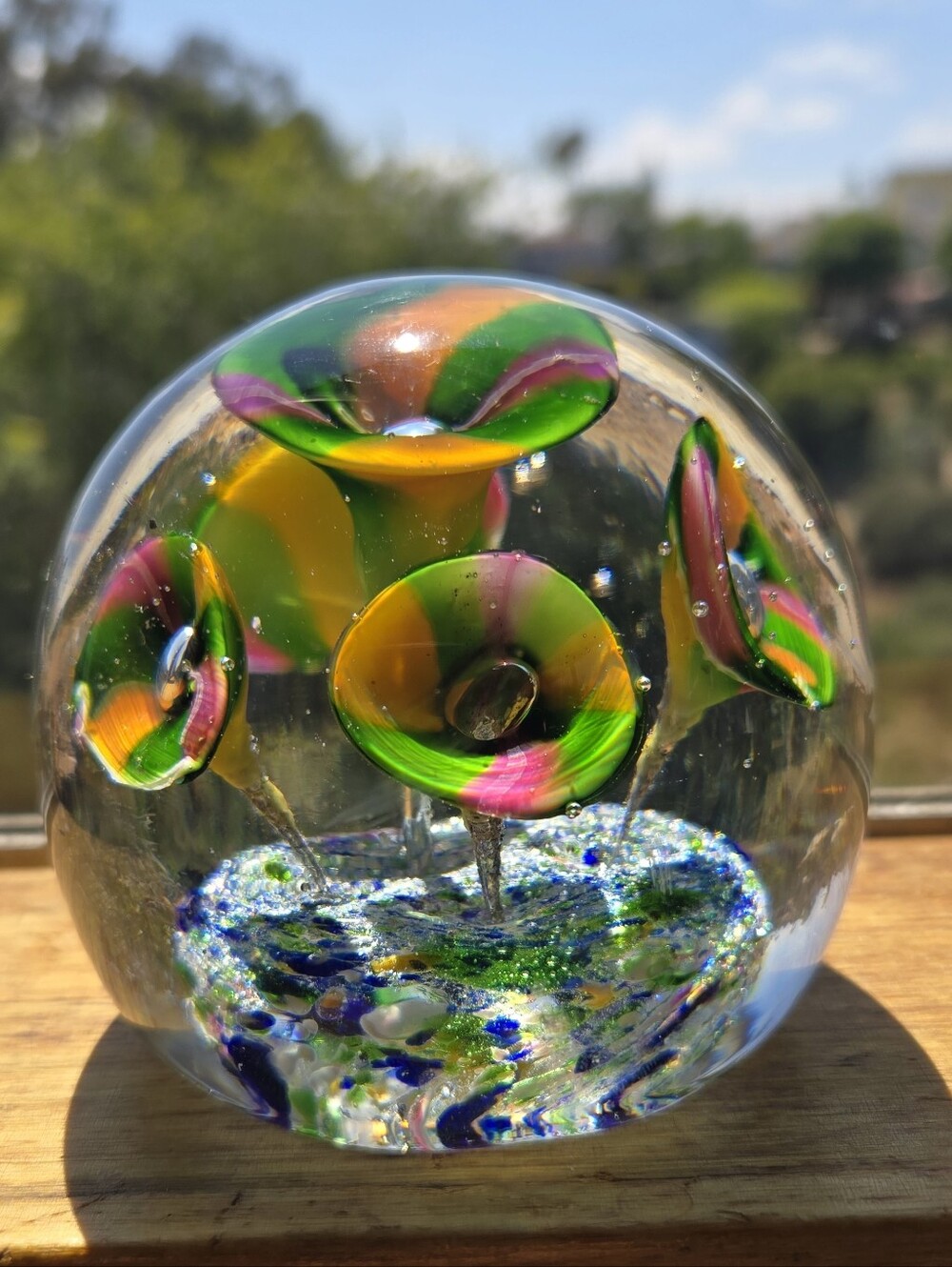 Vinyage Handblown Glass Paperweight with Green, Yellow & Pink Floral Swirls